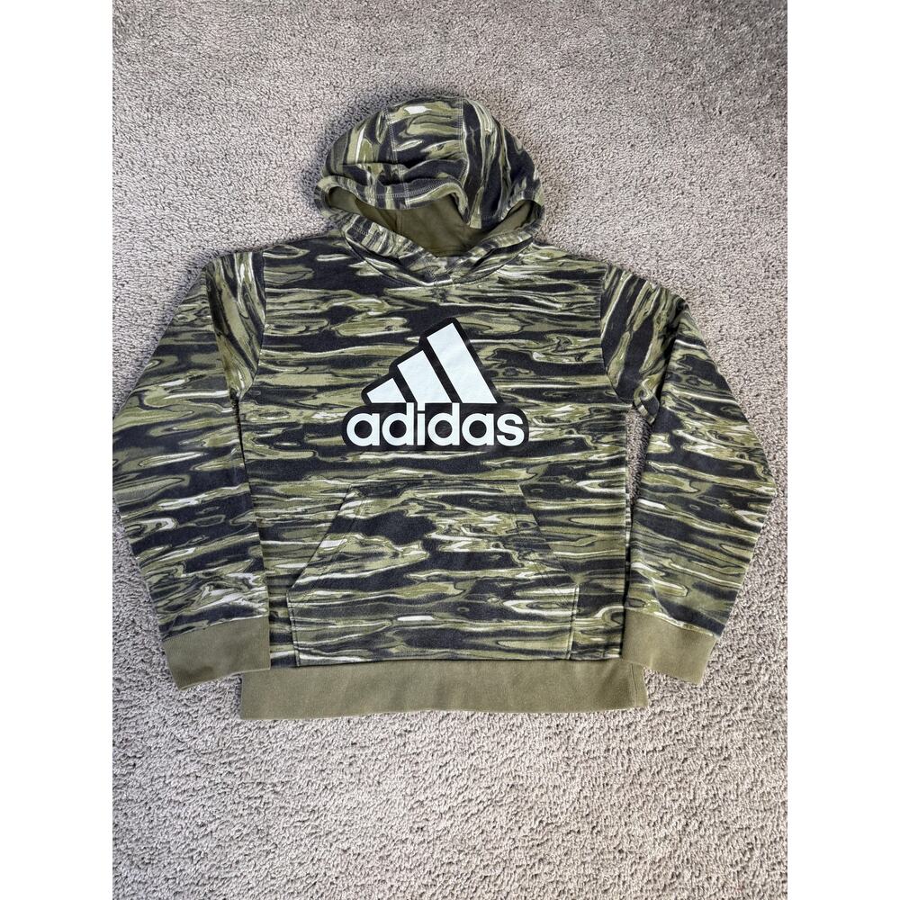Adidas Hoodie Boys 14-16 Green Pullover Fleece Camouflage Hooded Pockets Lined